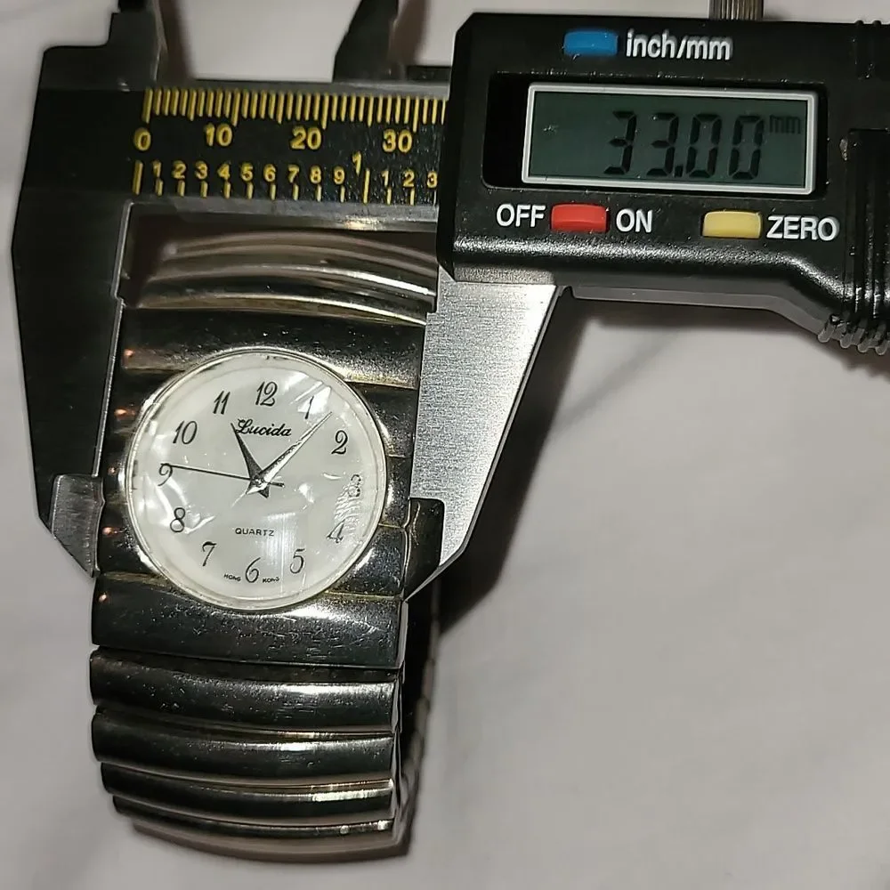 Lucida‎ Industrial Thick Silver Metal Watch Expandable Band White Abalone Face